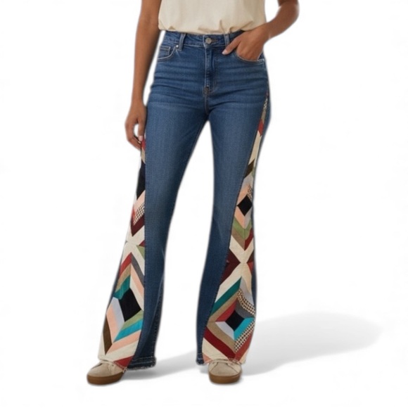 Hand Crafted Denim - Ann Taylor Up Cycled with Vintage Arrowhead Quilt Bell Bottom Blue Jeans Sz‎ 8